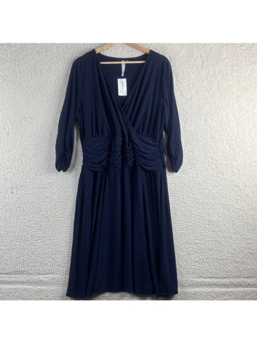 NWT NY Collection Womens Navy Stretch Ruched Surplice Neck A-Line Dress PLUS 1X